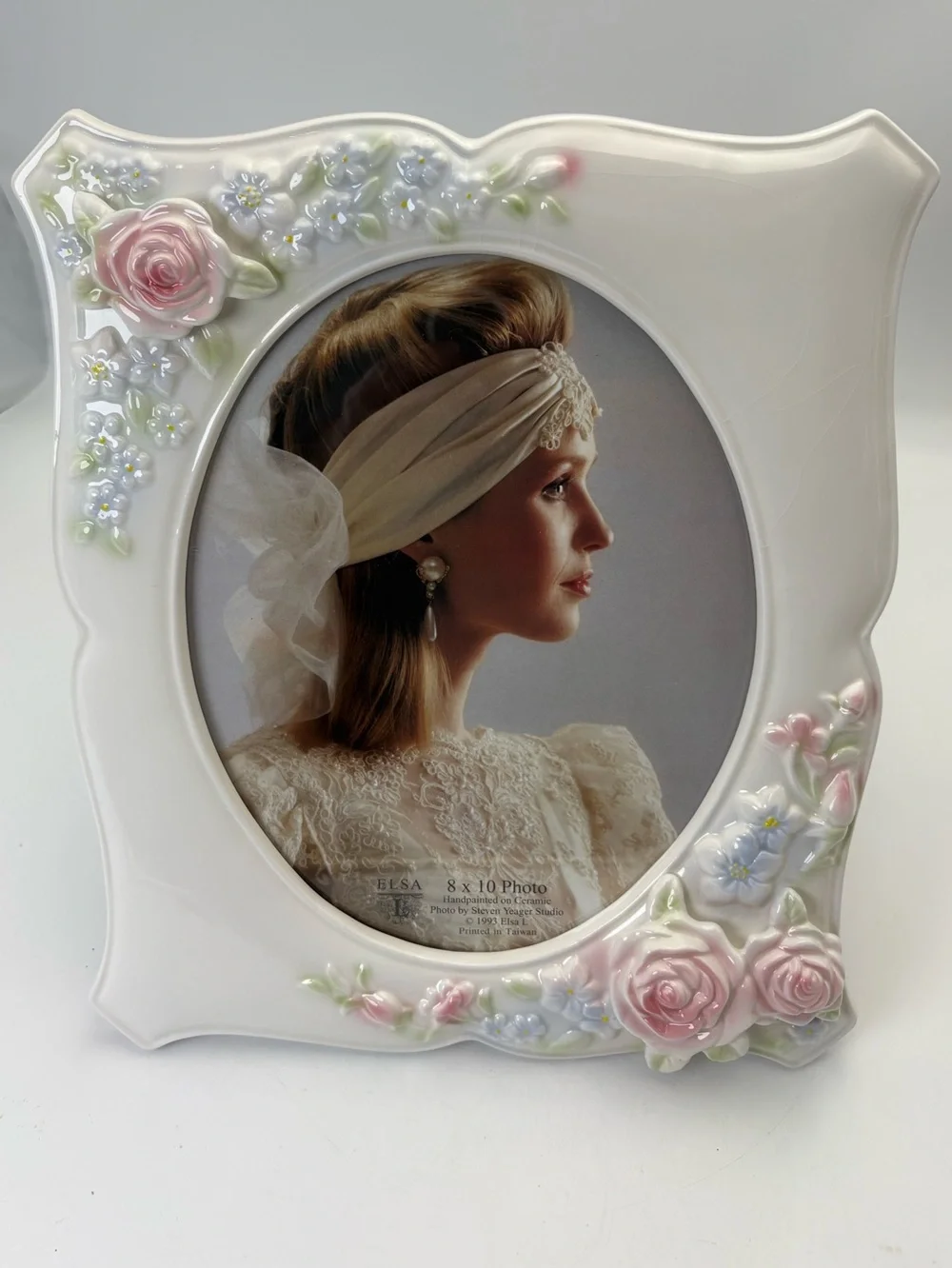 Gorgeous Vintage ELSA White Ceramic Picture Frame with Pink Rose Accents - 8x10